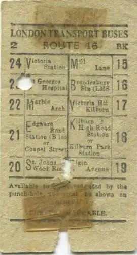 England - London Transport Buses - Route 16 2d - Fahrkarte 50er Jahre