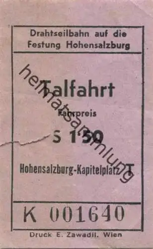 Österreich - Salzburg - Drahtseilbahn auf die Festung Hohensalzburg - Talfahrt - Fahrschein S 1.50