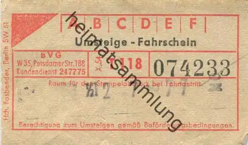 Deutschland - Berlin - BVG Umsteige Fahrschein 1954