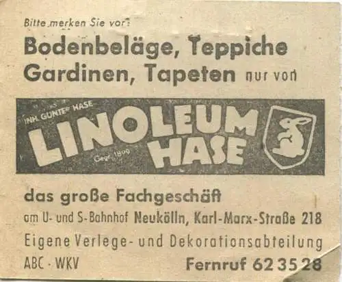 Deutschland - Berlin - BVG Sammelkarte Straßenbhan/U-Bahn 4 Fahrten ohne Umsteigeberechtigung 1957 - rückseitig Werbung