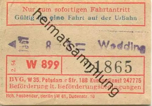 Deutschland - U-Bahn Fahrschein BVG-Berlin 1954 - Wedding