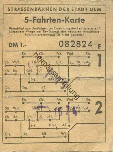 Deutschland - Ulm - Strassenbahnen der Stadt Ulm - 5-Fahrten-Karte - Fahrkarte