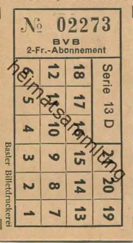 Schweiz - Basel - Basler Verkehrs-Betriebe BVB - 2-Fr.-Abonnement - Billet - Fahrkarte