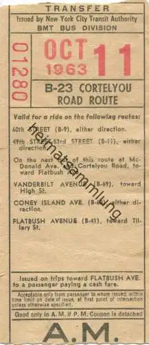 USA - New York City Transit Authority BMT Bus Division - B-23 Cortelyou Road Route - Fahrschein 1963