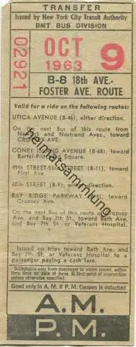 USA - New York City Transit Authority BMT Bus Division - B-8 49th 18th Ave.- Foster Ave. Route - Fahrschein 1963