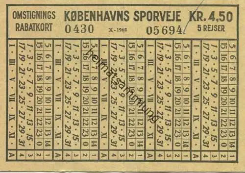 Dänemark - Omstignings Rabatkort - Kobenhavns Sporveje 1962 - Fahrkarte 5 Rejser