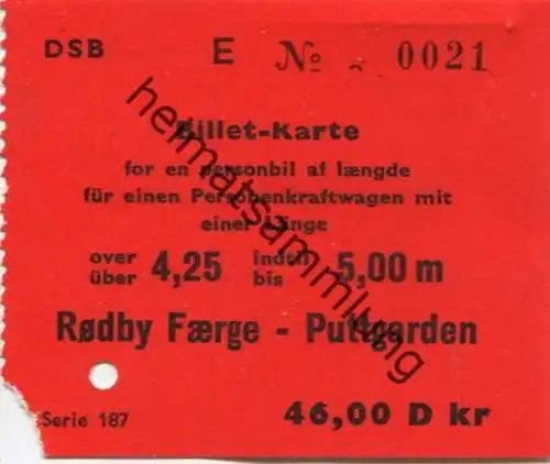 Danmark - Rodby Faerge - Puttgarden - Billet-Karte für einen Personenkraftwagen mit einer Länge über 4,25