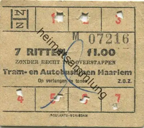 Niederlande - N. Z. H. Noord-Zuid-Hollandse - Tram-en Autobuslijnen Haarlem - Fahrkarte 7 Ritten f 1.00