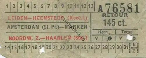 Niederlande - Leiden Heemstede - Amsterdam Marken - Noordw. Z. Haarlem - Fahrschein 145ct.