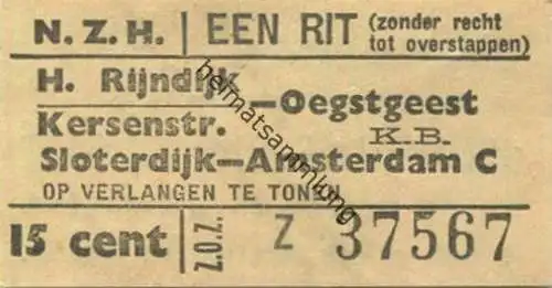 Niederlande - N. Z. H. Noord-Zuid-Hollandse - Fahrschein een rit