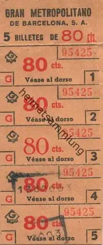 Spanien - Barcelona - Gran Metropolitano de Barcelona - 5 Billetes de 80cts. - Fahrschein 50er Jahre