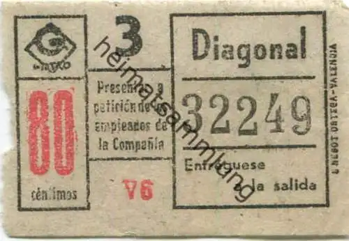 Spanien - Barcelona - G Metro - Diagonal - Fahrschein 50er Jahre