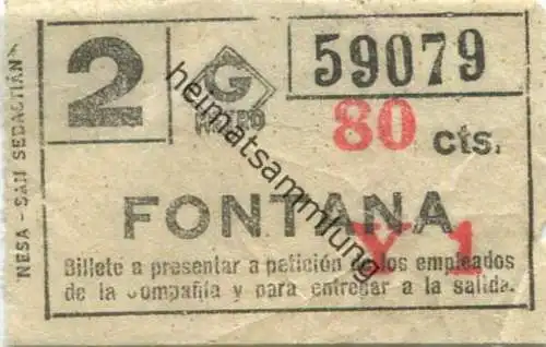 Spanien - Barcelona - G Metro - Fontana - Fahrschein 50er Jahre