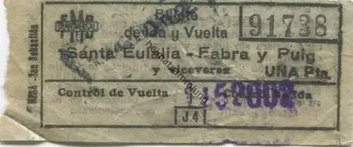 Spanien - Barcelona - FMB Transversal - Santa Eulalia Fabra y Puig - Fahrschein 50er Jahre