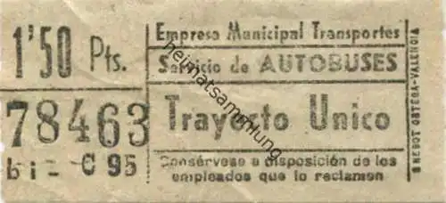 Spanien - Madrid - Empresa Municipal Transportes - Servicio de Autobuses - Trayecto Unico - Fahrschein 50er Jahre