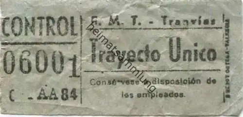 Spanien - Madrid - E.M.T. Tranvias - Trayecto Unico - Strassenbahn Fahrschein 50er Jahre