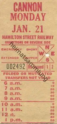 Kanada - Canada - HSR - Hamilton Street Railway - Cannon - Fahrschein