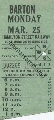 Kanada - Canada - HSR - Hamilton Street Railway - Barton - Fahrschein