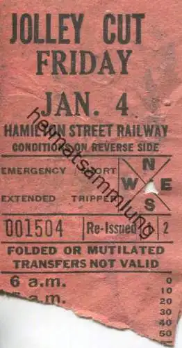 Kanada - Canada - HSR - Hamilton Street Railway - Jolley Cut - Fahrschein