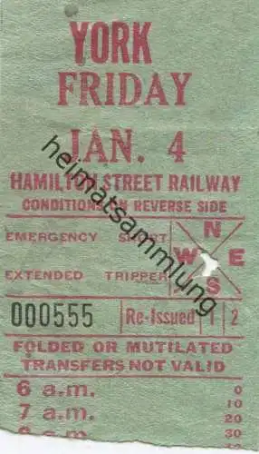 Kanada - Canada - HSR - Hamilton Street Railway - York - Fahrschein