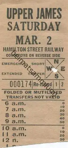 Kanada - Canada - HSR - Hamilton Street Railway - Upper James - Fahrschein