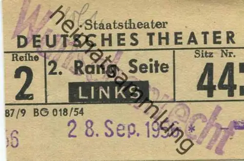 Deutschland - Berlin - Staatstheater Deutsches Theater - Eintrittskarte 1956 - beschrieben "Legende von der Liebe" Nasim