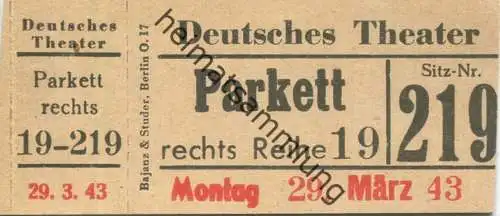 Deutschland - Berlin - Deutsches Theater - Eintrittskarte 1943 - beschrieben "Amphitryon" Kleist