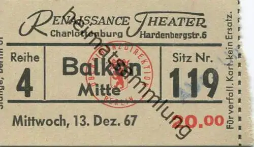Deutschland - Berlin - Renaissance Theater - Hardenbergstr. 8 - Eintrittskarte 1967