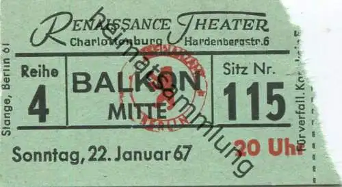 Deutschland - Berlin - Renaissance Theater - Hardenbergstr. 8 - Eintrittskarte 1967 - beschrieben "Duett im Zwielicht" (