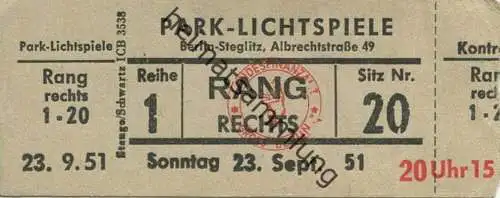 Deutschland - Berlin - Park-Lichtspiele Steglitz Albrechtstraße 49 - Kino Eintrittskarte 1951