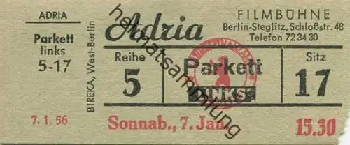 Deutschland - Berlin - Adria Filmbühne Steglitz Schloßstr. 48 - Kino Eintrittskarte 1956