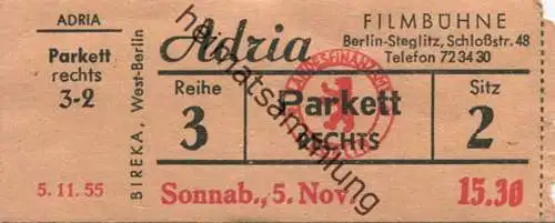 Deutschland - Berlin - Adria Filmbühne Steglitz Schloßstr. 48 - Kino Eintrittskarte 1955