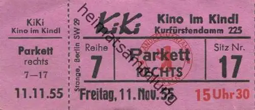 Deutschland - Berlin - KiKi Kino im Kindl Kurfürstendamm 225 - Kino Eintrittskarte 1955