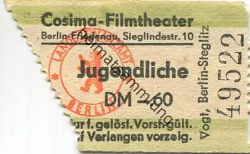 Deutschland - Berlin - Cosima-Filmtheater - Friedenau Siglindestraße 10 - Kinokarte 1955 Jugendliche