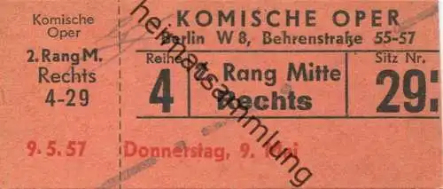 Deutschland - Berlin - Komische Oper Behrenstraße 55/57 - Eintrittskarte 1956 - beschrieben "Zar und Zimmermann" A. Lort
