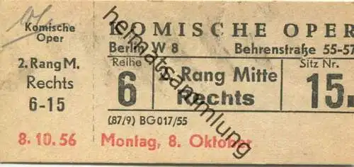 Deutschland - Berlin - Komische Oper Behrenstraße 55/57 - Eintrittskarte 1956 - beschrieben "Katinka und der Teufel" A.