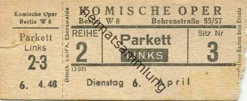 Deutschland - Berlin - Komische Oper Behrenstraße 55/57 - Eintrittskarte 1948