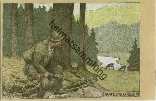 Jagd - Waldmorgen - signiert P. Hey - Künstleransichtskarte ca. 1900 - coloriert