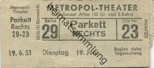 Deutschland - Berlin - Metropol-Theater - Schönhauer Allee 123 - Eintrittskarte 1951