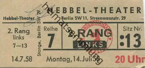 Deutschland - Berlin - Berlin - Hebbel-Theater - Stresemannstr. 29 - Eintrittskarte 1958 - beschrieben "Piroschka" Hugo