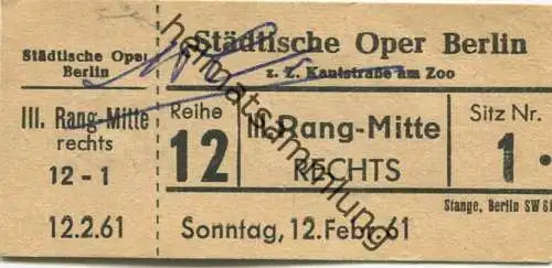 Deutschland - Berlin - Städtische Oper Berlin z. Z. Kantstrasse am Zoo - Eintrittskarte 1961 - beschrieben "Balletabend"