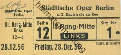Deutschland - Berlin - Städtische Oper Berlin z. Z. Kantstrasse am Zoo - Eintrittskarte 1956 - beschrieben "Salome R. St