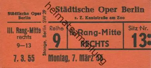 Deutschland - Berlin - Städtische Oper Berlin z. Z. Kantstrasse am Zoo - Eintrittskarte 1955 - beschrieben "Nabucco Verd