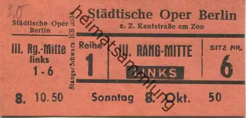 Deutschland - Berlin - Städtische Oper Berlin z. Z. Kantstrasse am Zoo - Eintrittskarte 1950 - beschrieben "Tristan und