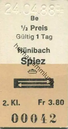 Schweiz - Hünibach Spiez und zurück - Fahrkarte 2. Kl. 1988