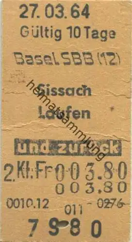 Schweiz - Basel SBB Sissach Laufen und zurück - Fahrkarte 2. Kl. 1964