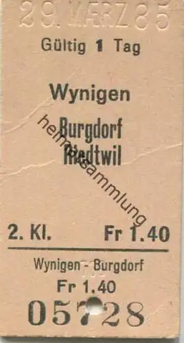 Schweiz - Wynigen Burgdorf Riedtwil - Fahrkarte 2. Kl. 1985