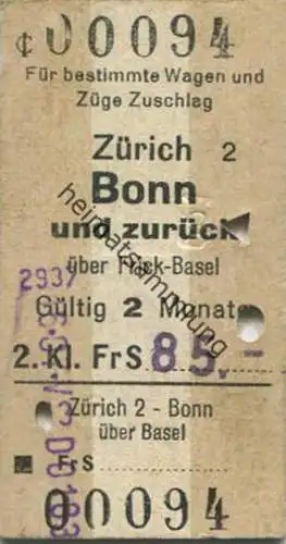 Schweiz - Deutschland - Zürich Bonn über Frick Basel und zurück - Fahrkarte 2. Kl. 1960