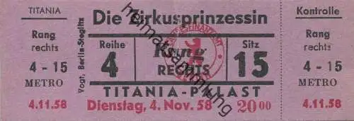 Deutschland - Berlin - Titania-Palast - Die Zirkusprinzessin - Eintrittskarte 1958