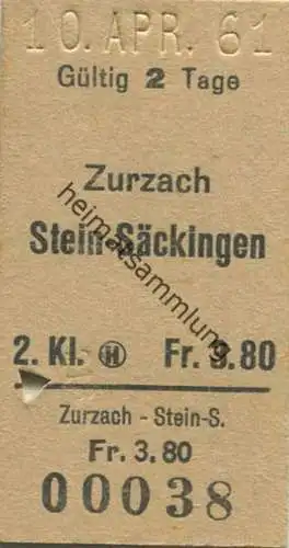 Schweiz - Zurzach - Stein-Säckingen - Fahrkarte 2. Kl. 1961